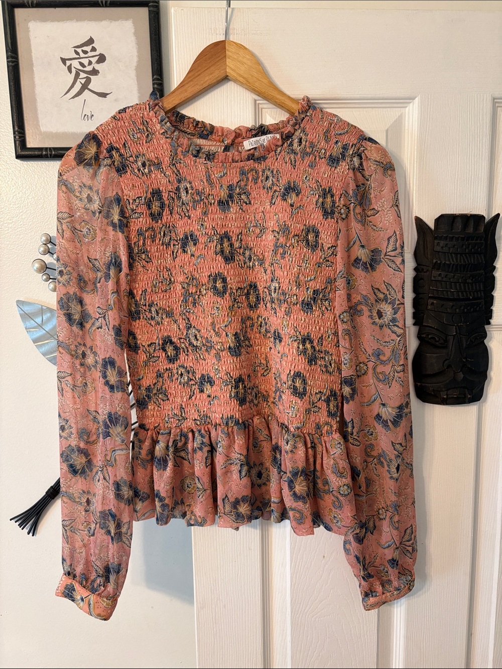 Patrons of Peace Coral Pink Floral Smocked Peplum Blouse